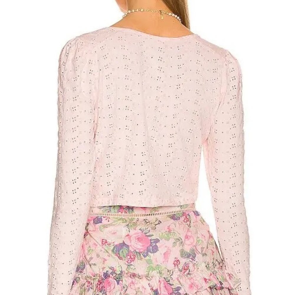 LoveShackFancy Jonah Crop Cardigan Blush Eyelet Button Front Sweater Size S - Picture 3 of 11